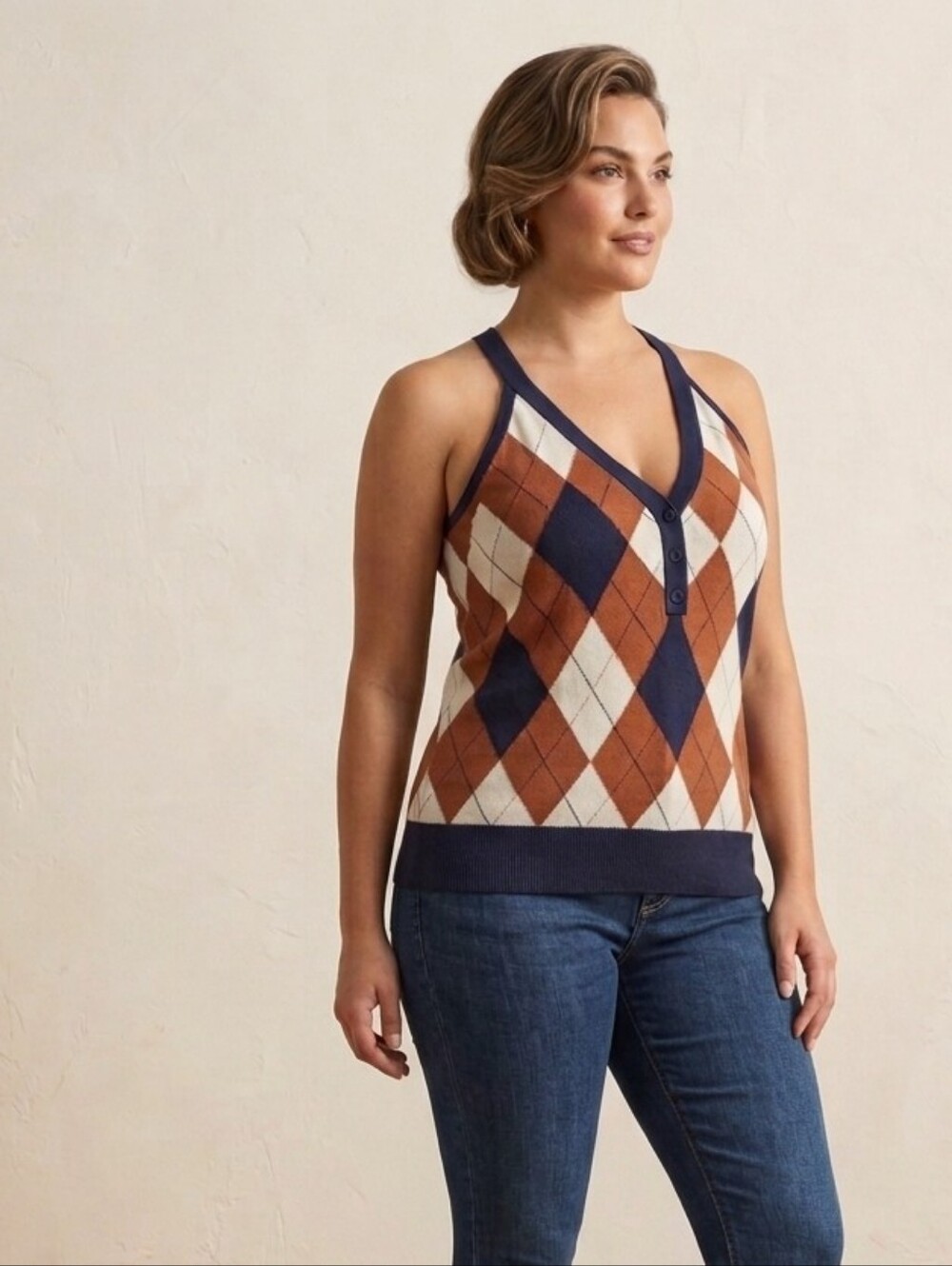 Argyle V-Neck Sweater Vest in Navy, Rust & Cream Sz Xl Cotton Y2K